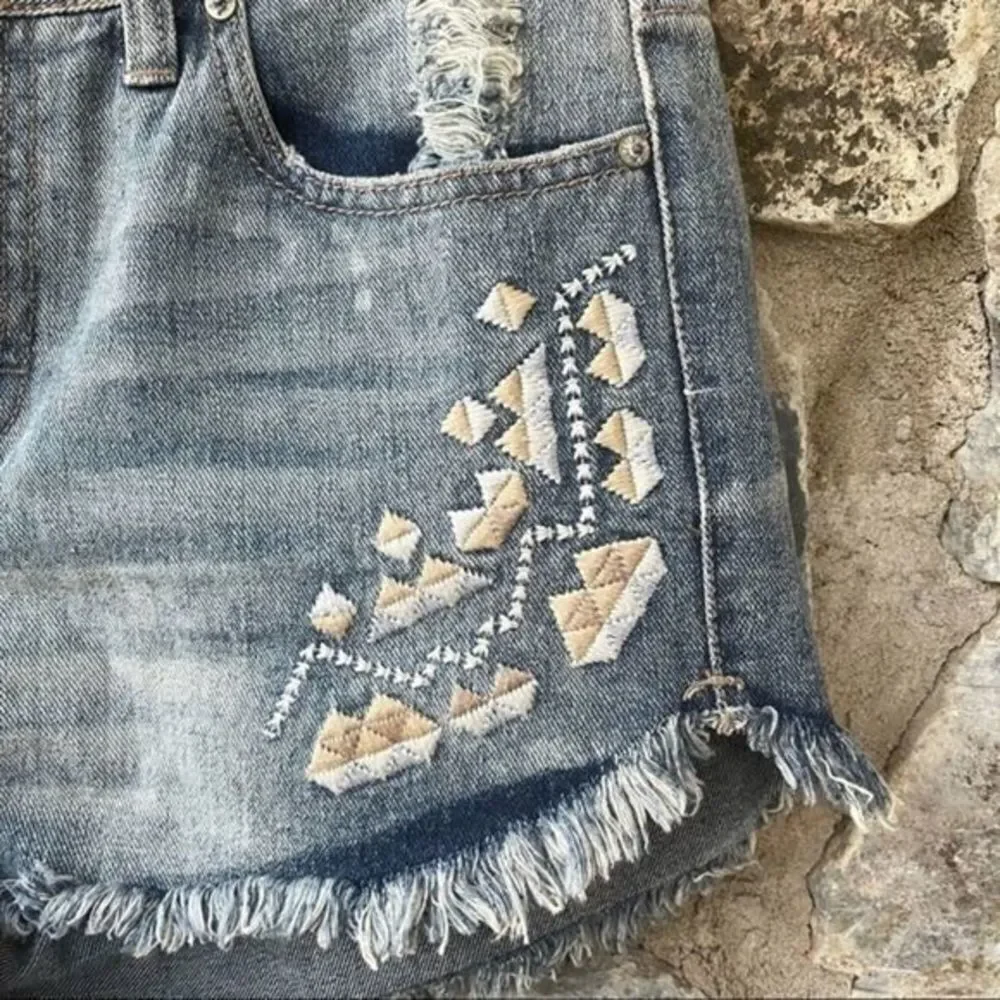 Free People Tulum Embroidered Raw Hem Denim Shorts size 25